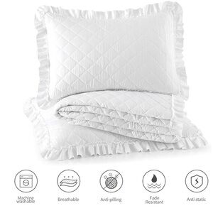 White Diamond Stitched Stone Washed Ruffled Bedding Set. Queen